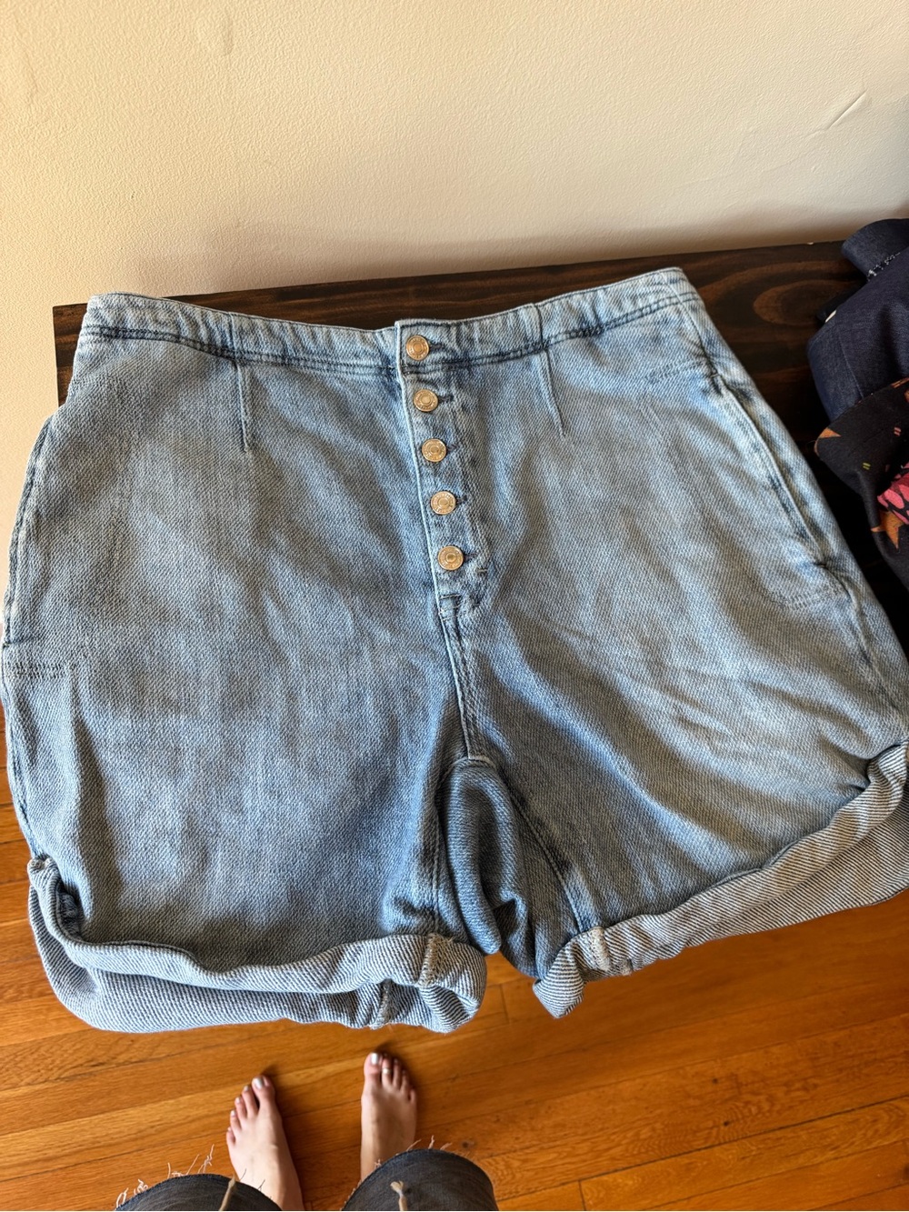 Free People Light Blue Button-Front Rolled Hem Denim Shorts